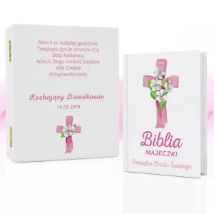 pamiątka chrztu biblia dla dzieci w drewnianym pudełku różowy krzyż