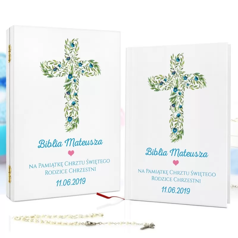 biblia dla dzieci w pudełku na prezent na chrzciny niebieskie kwiaty