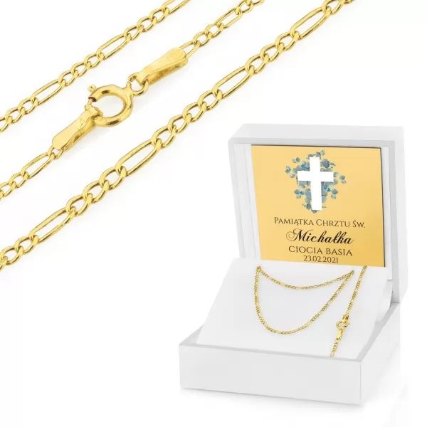 Złoty łańcuszek 45 cm pr. 585 w pudełku na chrzest - Gold Figaro