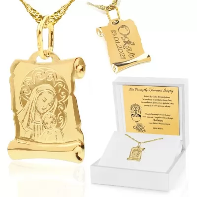 Złoty medalik pr. 585 z łańcuszkiem i grawerem na komunię - Święta Panna