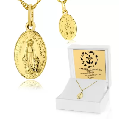Złoty łańcuszek z medalikiem 585 na komunię - Matka Boska