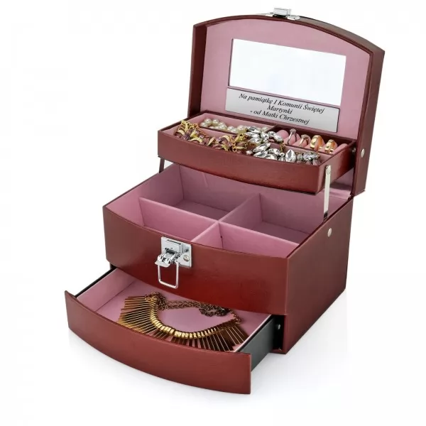 Kuferek na biżuterię z grawerem na komunię dla dziewczynki - Puzdereczko