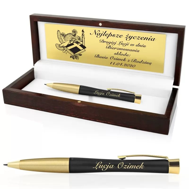  długopis parker w drewnianym pudełku z dedykacją na prezent na bierzmowanie