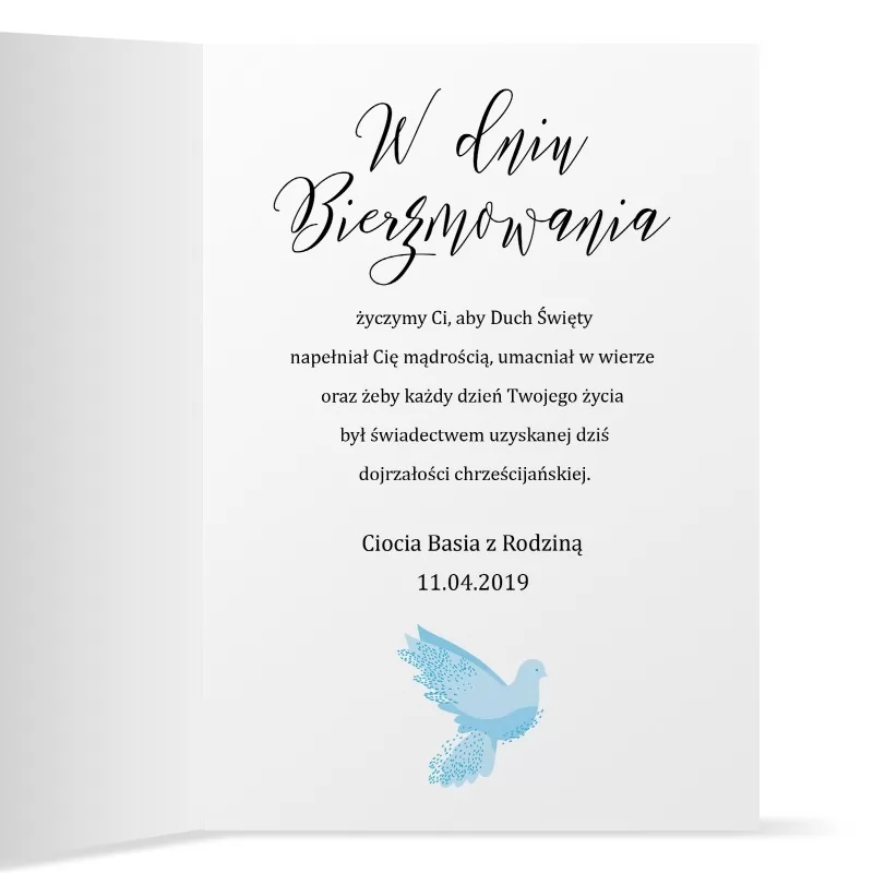 kartka z życzeniami na prezent na bierzmowanie biała gołębica