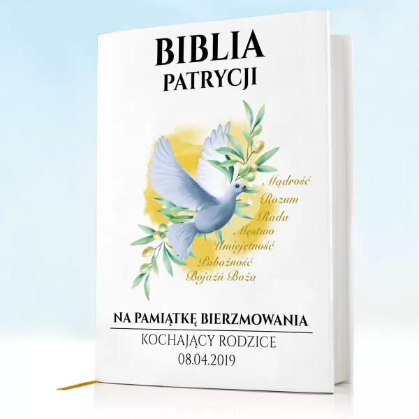 Biblia z dedykacją na pamiątkę Bierzmowania od rodziców - Gołąb z Gałązką Oliwną