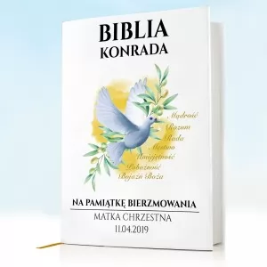 biblia na bierzmowanie z personalizacją gołąb z gałązką oliwną