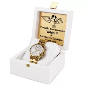 zegarek damski timex w pudełku z dedykacją na prezent na bierzmowanie złota gołębica