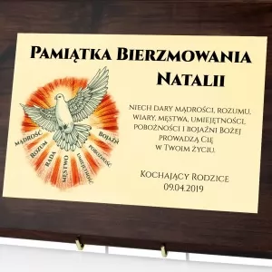 pamiątka na bierzmowanie certyfikat z personalizacją gołębica z darami