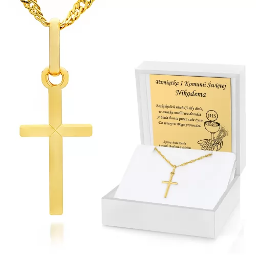 Złoty krzyżyk z łańcuszkiem w etui z grawerem na komunię - Znak Chrystusa