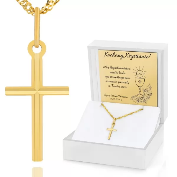Złoty krzyżyk z łańcuszkiem z grawerem na komunię - Znak Chrystusa