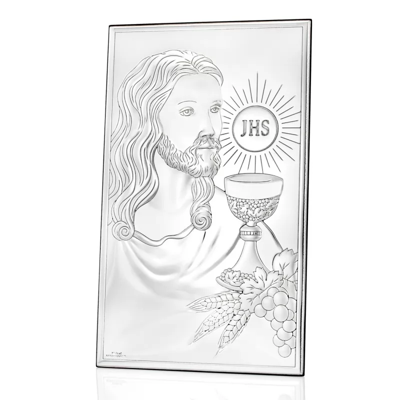 srebrny obrazek komunijny Pan Jezus z Hostią