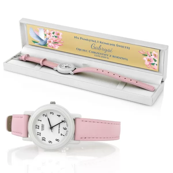 Zegarek CASIO w pudełku z dedykacją na komunię - Kwiaty Lilii
