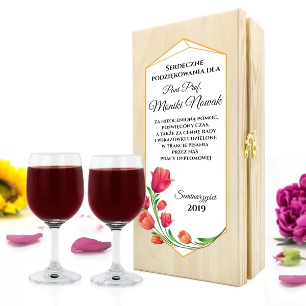 Skrzynka na wino z kieliszkami dla promotorki - Kwiatowe Podziękowania