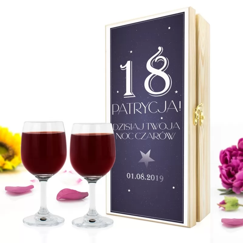 personalizowana skrzynka na wino z kieliszkami na prezent na 18 noc czarów