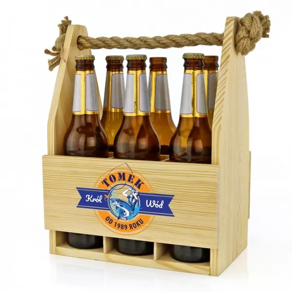Drewniana skrzynka na piwo z nadrukiem na prezent dla rybaka - Król Wód
