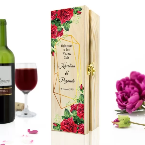 Skrzynka na wino z nadrukiem  na ślub - Czerwone Róże