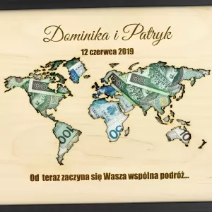 ramka ślubna z grawerem na pieniądze mapa wspólna podróż