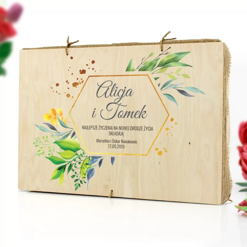drewniane pudełko z nadrukiem dedykacji na prezent na ślub nowa droga życia