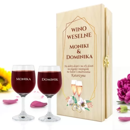 Skrzynka na wino z kieliszkami na oryginalny prezent na ślub - Wino Weselne