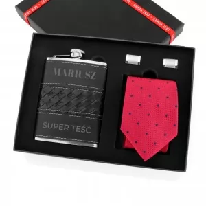 piersiówka z grawerem, krawatem i spinkami do mankietów na prezent dla teścia na imieniny