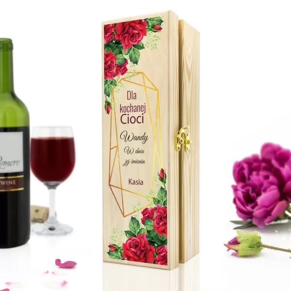 Skrzynka na wino z dedykacją na upominek dla cioci - Różane Kwiaty