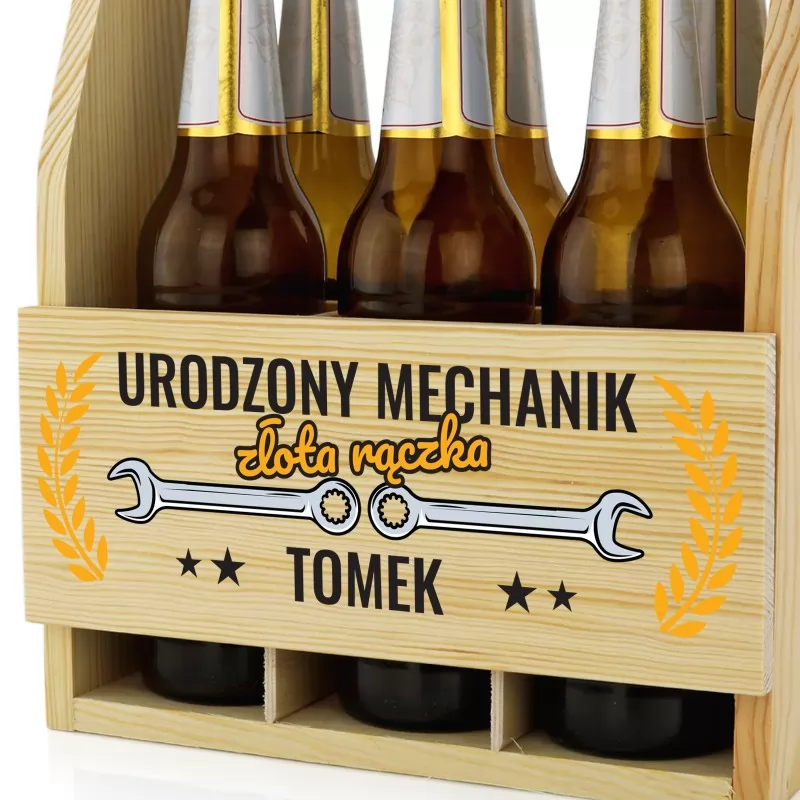 pomysł na prezent dla mechanika drewniana skrzynka na piwo z nadrukiem urodzony mechanik