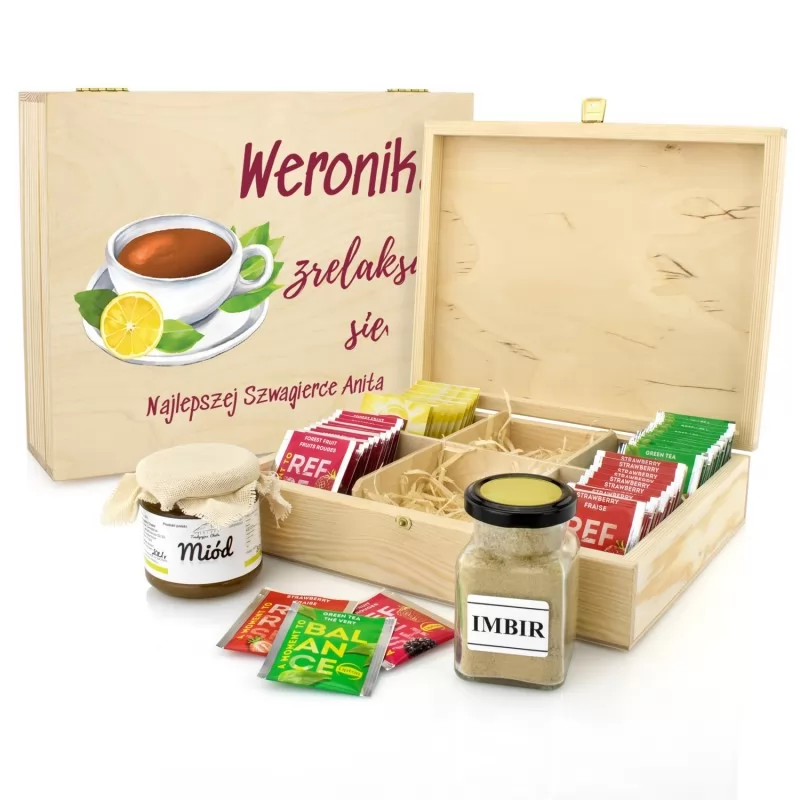 zestaw herbat na prezent, miód i imbir w pudełku na prezent dla szwagierki na urodziny
