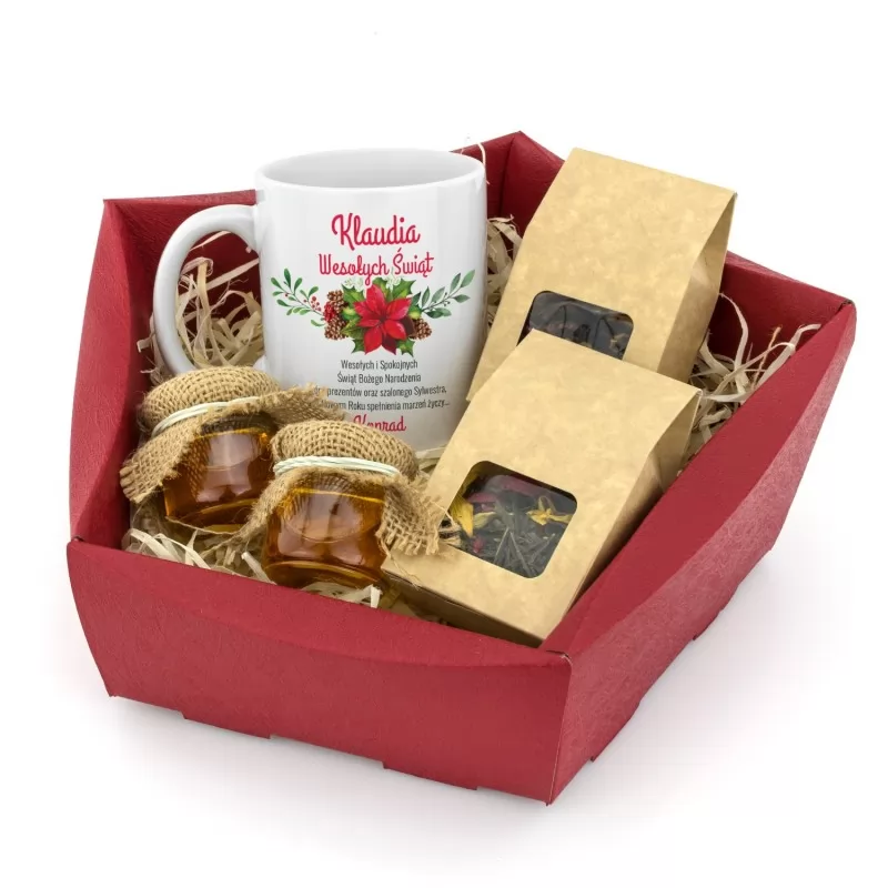 kubek z personalizacją, miody i herbaty jako zestaw - Świąteczny Czas na upominek dla niej na święta