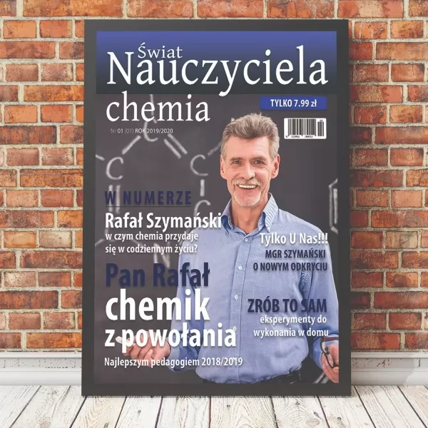 Okładka magazynu ze zdjęciem w ramie dla nauczyciela chemii