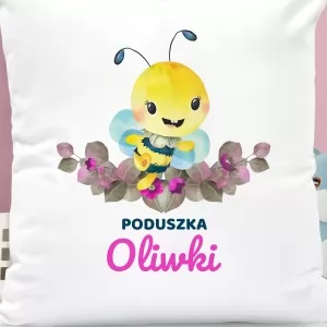 personalizowana poduszka z nadrukiem uroczej pszczółki na prezent dla dziewczynki