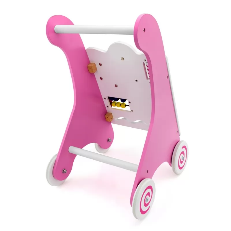 drewniany chodzik pchacz dla dziecka w kolorze różowym