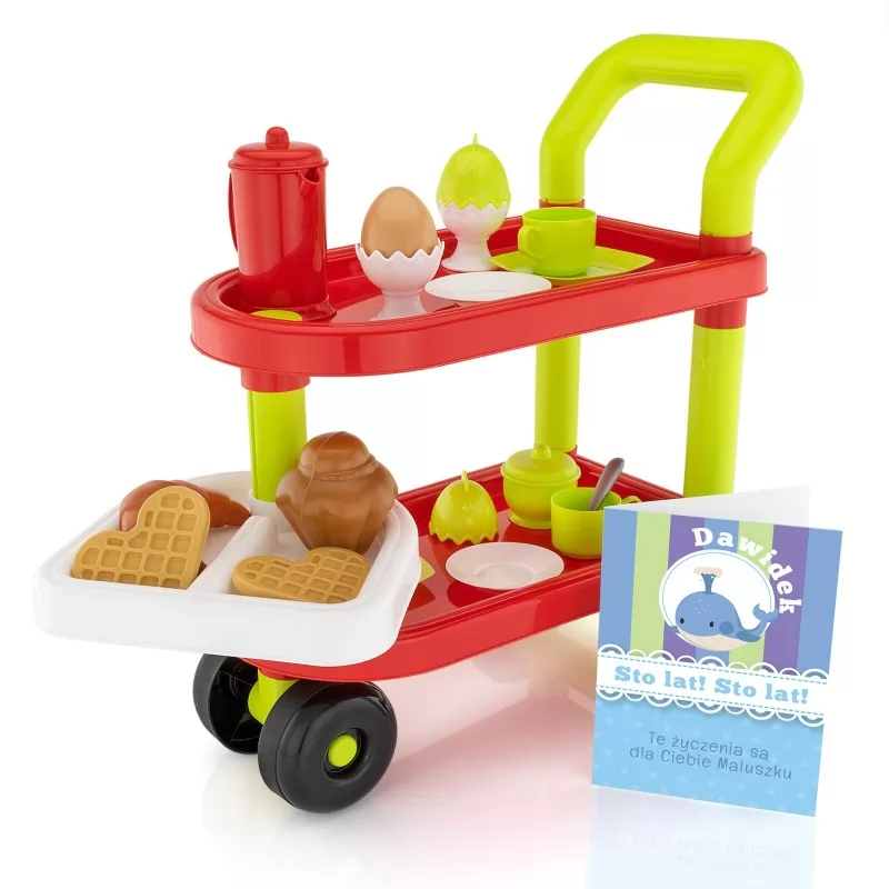 zabawka dla dziecka stolik śniadaniowy z zabawkowym jedzeniem i kartką z personalizacją
