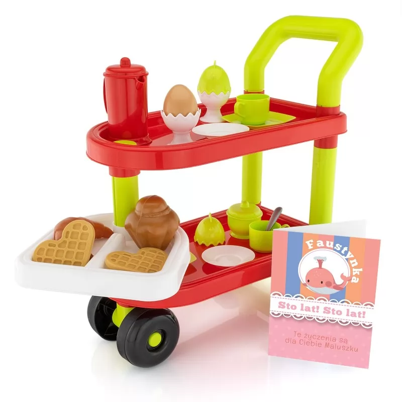 elementy zestawu do wózka śniadaniowego dla dzieci ecoiffer, plastikowe gofry, muffinka i naczynia