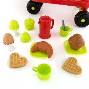 elementy zestawu do wózka śniadaniowego dla dzieci ecoiffer, plastikowe gofry, muffinka i naczynia