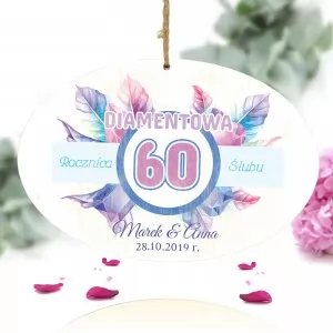 tabliczka z nadrukiem kolorowej  dedykacji na prezent na 60 rocznicę ślubu dla rodziców