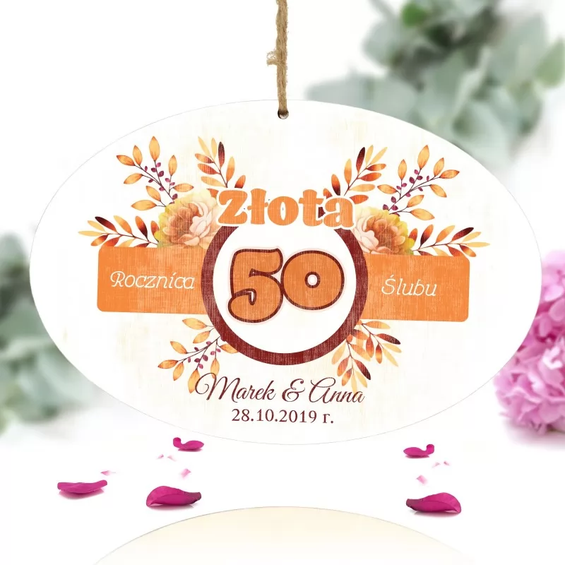 tabliczka z kolorowym nadrukiem i dedykacją na prezent na 50 rocznicę ślubu