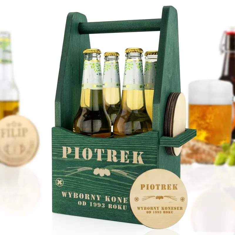 zielona skrzynka na piwo z 4 podkładkami na prezent dla przyjaciela na wieczór kawalerski