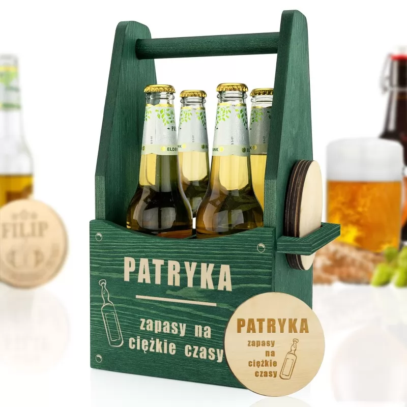 zielona skrzynka na piwo z 4 podkładkami na prezent dla kolegi na imieniny