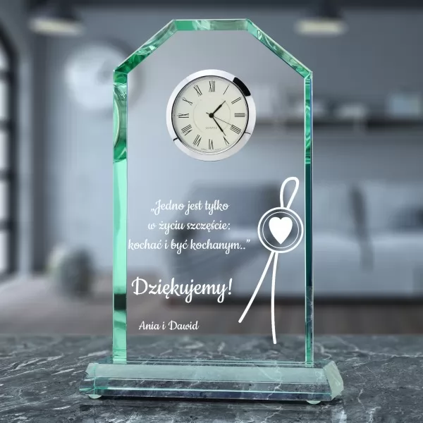 Szklana statuetka z zegarem - Wielkie Dzięki na prezent dla rodziców 