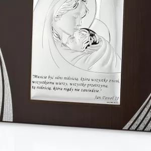 dedykacja na srebrnym obrazku ze świętą rodziną na prezent na chrzest
