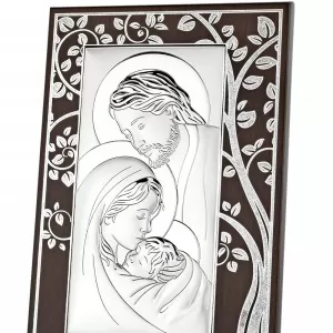 srebrny obrazek z ornamentem ze świętą rodziną na prezent na komunię