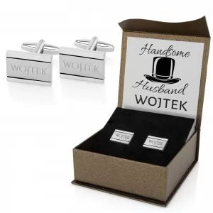 stalowe spinki do mankietów w pudełku prezentowym z grawerem na prezent dla męża
