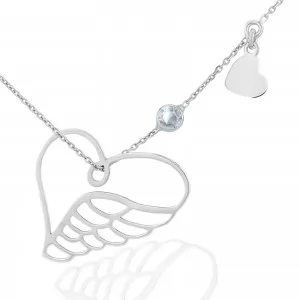 srebrny ażurowy naszyjnik z zawieszką w kształcie skrzydła i serca anioła z serduszkiem i kryształkiem na upominek dla żony  na walentynki